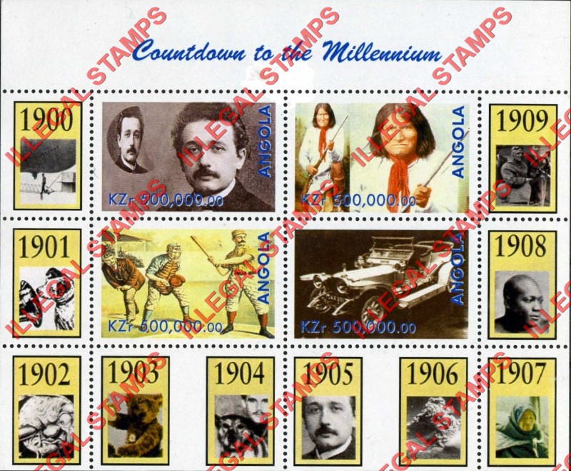 Angola 1999 Countdown to the Millenium 1900-1909 Illegal Stamp Souvenir Sheet of 4 Angola 1999 Countdown to the Millenium 1900-1909 Illegal Stamp Souvenir Sheet of 4