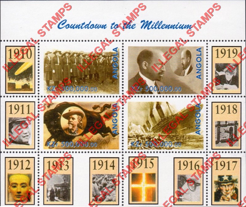 Angola 1999 Countdown to the Millenium 1910-1919 Illegal Stamp Souvenir Sheet of 4 Angola 1999 Countdown to the Millenium 1910-1919 Illegal Stamp Souvenir Sheet of 4