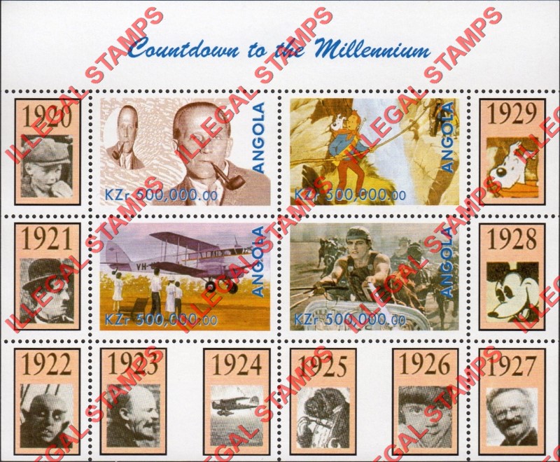 Angola 1999 Countdown to the Millenium 1920-1929 Illegal Stamp Souvenir Sheet of 4 Angola 1999 Countdown to the Millenium 1920-1929 Illegal Stamp Souvenir Sheet of 4