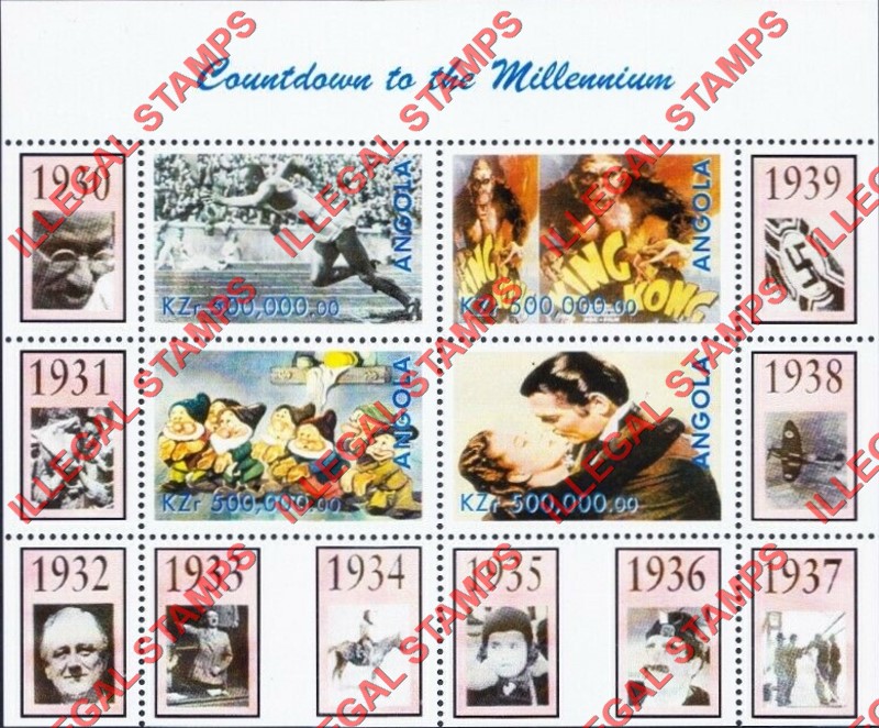 Angola 1999 Countdown to the Millenium 1930-1939 Illegal Stamp Souvenir Sheet of 4 Angola 1999 Countdown to the Millenium 1930-1939 Illegal Stamp Souvenir Sheet of 4