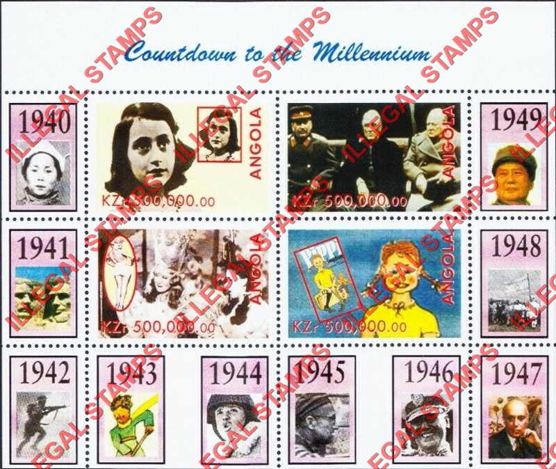 Angola 1999 Countdown to the Millenium 1940-1949 Illegal Stamp Souvenir Sheet of 4 Angola 1999 Countdown to the Millenium 1940-1949 Illegal Stamp Souvenir Sheet of 4