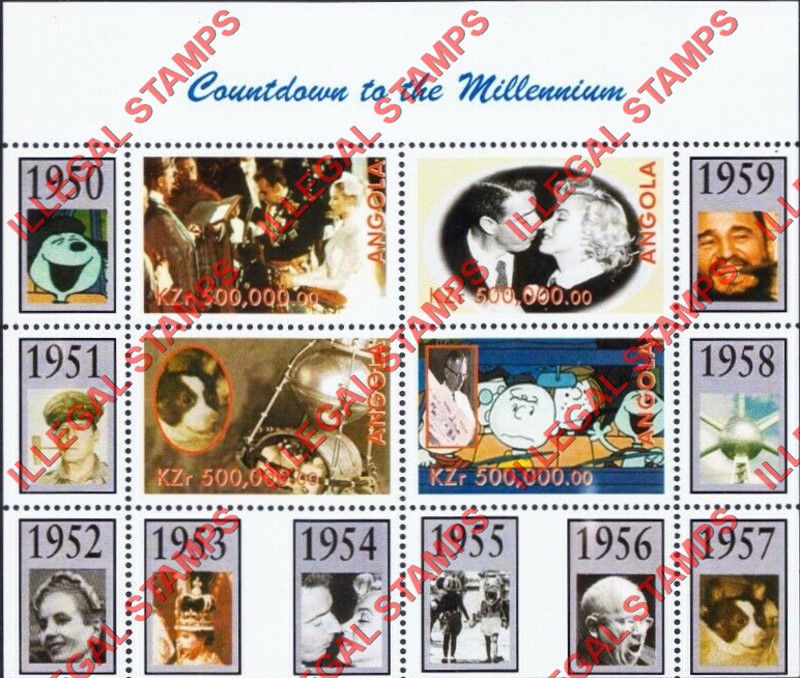 Angola 1999 Countdown to the Millenium 1950-1959 Illegal Stamp Souvenir Sheet of 4 Angola 1999 Countdown to the Millenium 1950-1959 Illegal Stamp Souvenir Sheet of 4