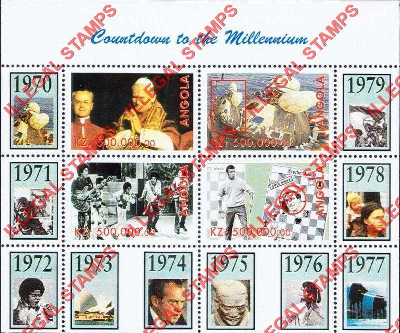 Angola 1999 Countdown to the Millenium 1970-1979 Illegal Stamp Souvenir Sheet of 4 Angola 1999 Countdown to the Millenium 1970-1979 Illegal Stamp Souvenir Sheet of 4