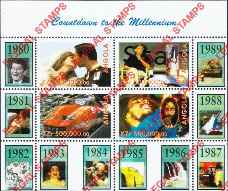 Angola 1999 Countdown to the Millenium 1980-1989 Illegal Stamp Souvenir Sheet of 4 Angola 1999 Countdown to the Millenium 1980-1989 Illegal Stamp Souvenir Sheet of 4