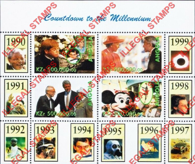 Angola 1999 Countdown to the Millenium 1990-1999 Illegal Stamp Souvenir Sheet of 4 Angola 1999 Countdown to the Millenium 1990-1999 Illegal Stamp Souvenir Sheet of 4