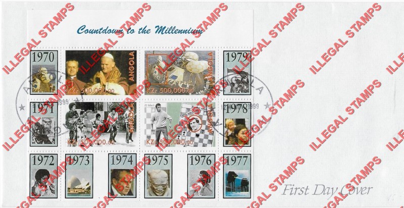 Angola 1999 Countdown to the Millenium Illegal Stamp Souvenir Sheet of 4 on Fake First Day Cover Angola 1999 Countdown to the Millenium Illegal Stamp Souvenir Sheet of 4 on Fake First Day Cover