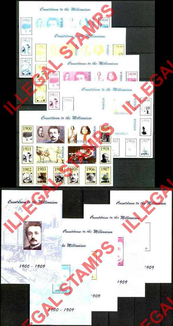 Angola 1999 Countdown to the Millenium Illegal Stamp Souvenir Sheets of 4 and 1 Color Proof Sets Angola 1999 Countdown to the Millenium Illegal Stamp Souvenir Sheets of 4 and 1 Color Proof Sets