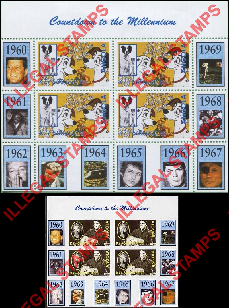 Angola 1999 Countdown to the Millenium Illegal Stamp Souvenir Sheets of 4 with same image on all four counterfeit stamps Angola 1999 Countdown to the Millenium Illegal Stamp Souvenir Sheets of 4 with same image on all four counterfeit stamps
