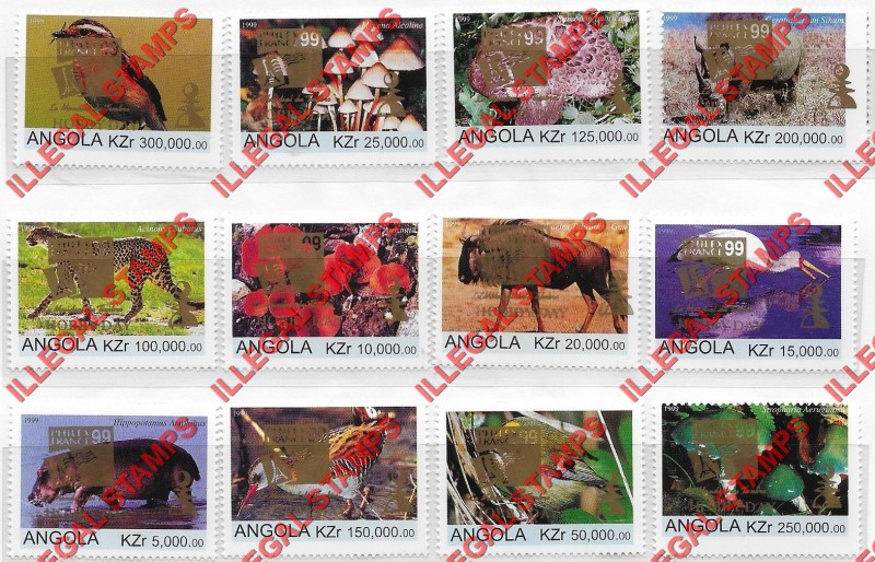 Angola 1999 Flora and Fauna Illegal Stamps with Gold Hobby Day Overprint Angola 1999 Flora and Fauna Illegal Stamps with Gold Hobby Day Overprint