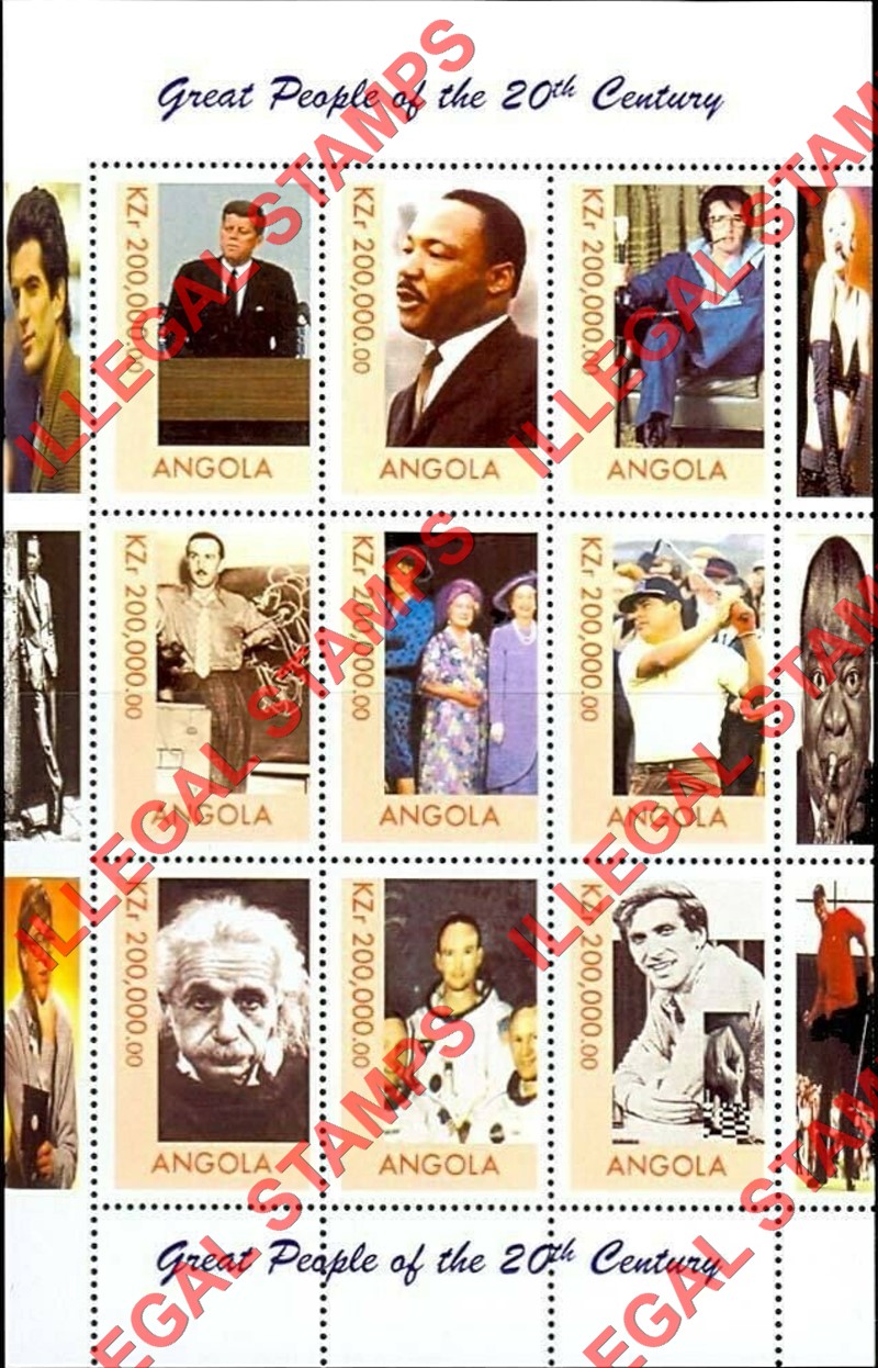 Angola 1999 Great People of the 20th Century Illegal Stamp Souvenir Sheet of 9 (Sheet 1) Angola 1999 Great People of the 20th Century Illegal Stamp Souvenir Sheet of 9 (Sheet 1)
