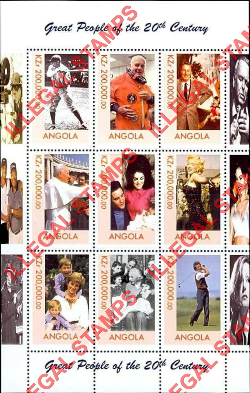 Angola 1999 Great People of the 20th Century Illegal Stamp Souvenir Sheet of 9 (Sheet 2) Angola 1999 Great People of the 20th Century Illegal Stamp Souvenir Sheet of 9 (Sheet 2)