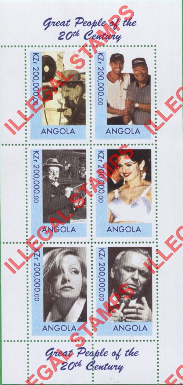 Angola 1999 Great People of the 20th Century Illegal Stamp Souvenir Sheet of 6 Angola 1999 Great People of the 20th Century Illegal Stamp Souvenir Sheet of 6