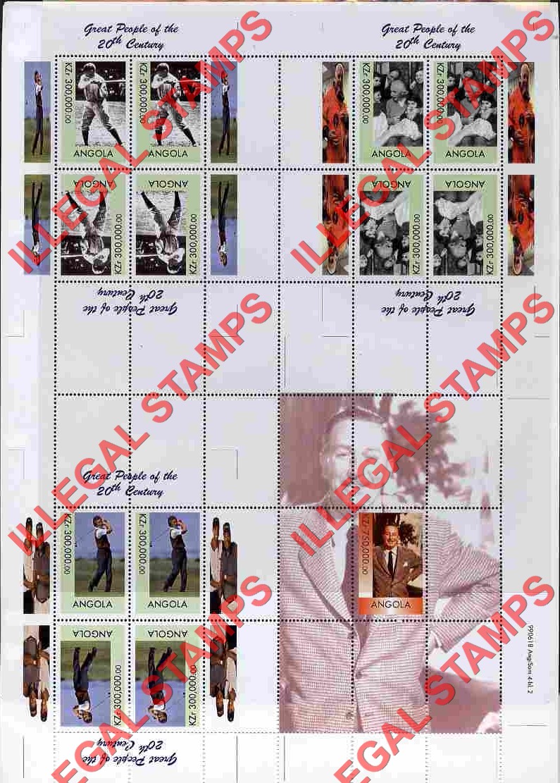 Angola 1999 Great People of the 20th Century Illegal Stamp Souvenir Sheets Uncut Sheet Angola 1999 Great People of the 20th Century Illegal Stamp Souvenir Sheets Uncut Sheet