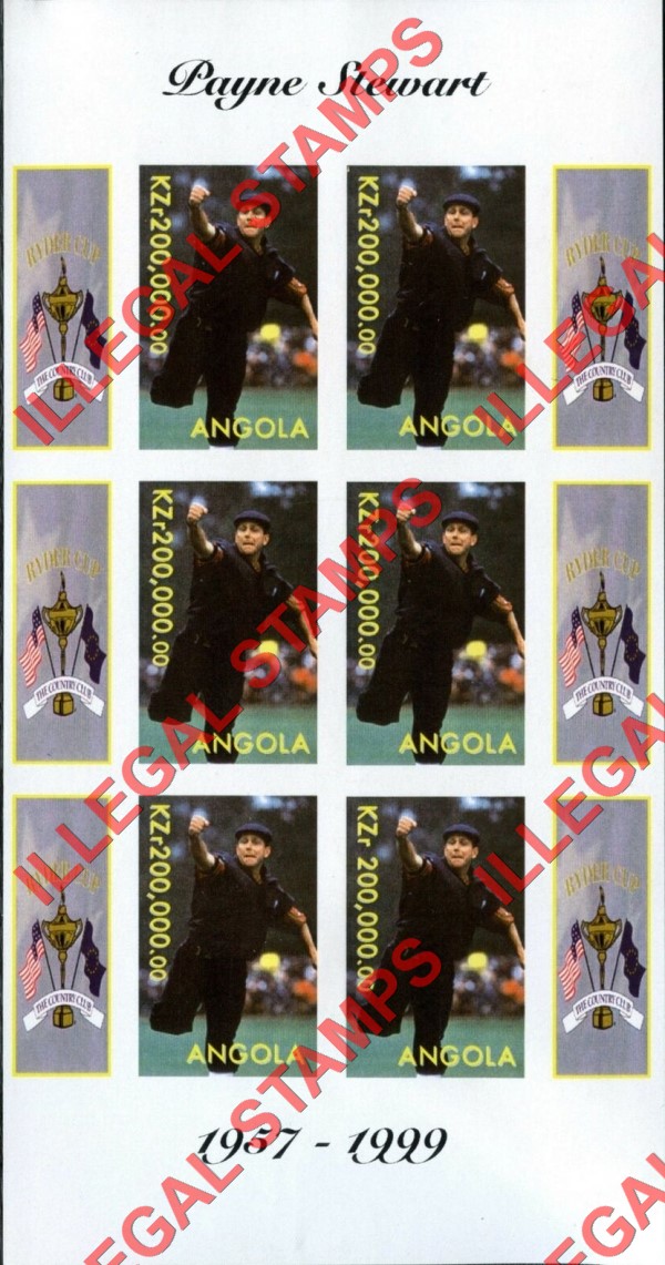 Angola 1999 Payne Stewart Golf Illegal Stamp Souvenir Sheet of 6 Angola 1999 Payne Stewart Golf Illegal Stamp Souvenir Sheet of 6