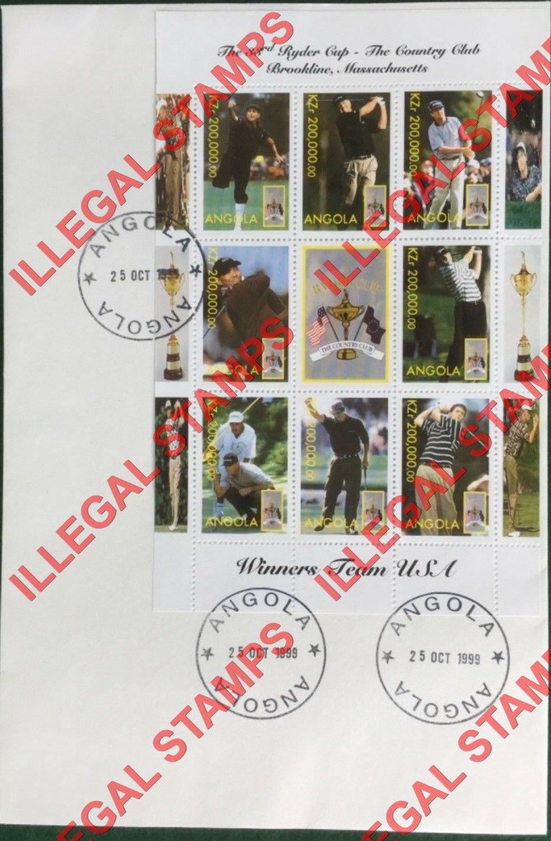 Angola 1999 Ryder Cup 33rd Golf Tournament Illegal Stamp Souvenir Sheet of 9 on Fake First Day Cover Angola 1999 Ryder Cup 33rd Golf Tournament Illegal Stamp Souvenir Sheet of 9 on Fake First Day Cover