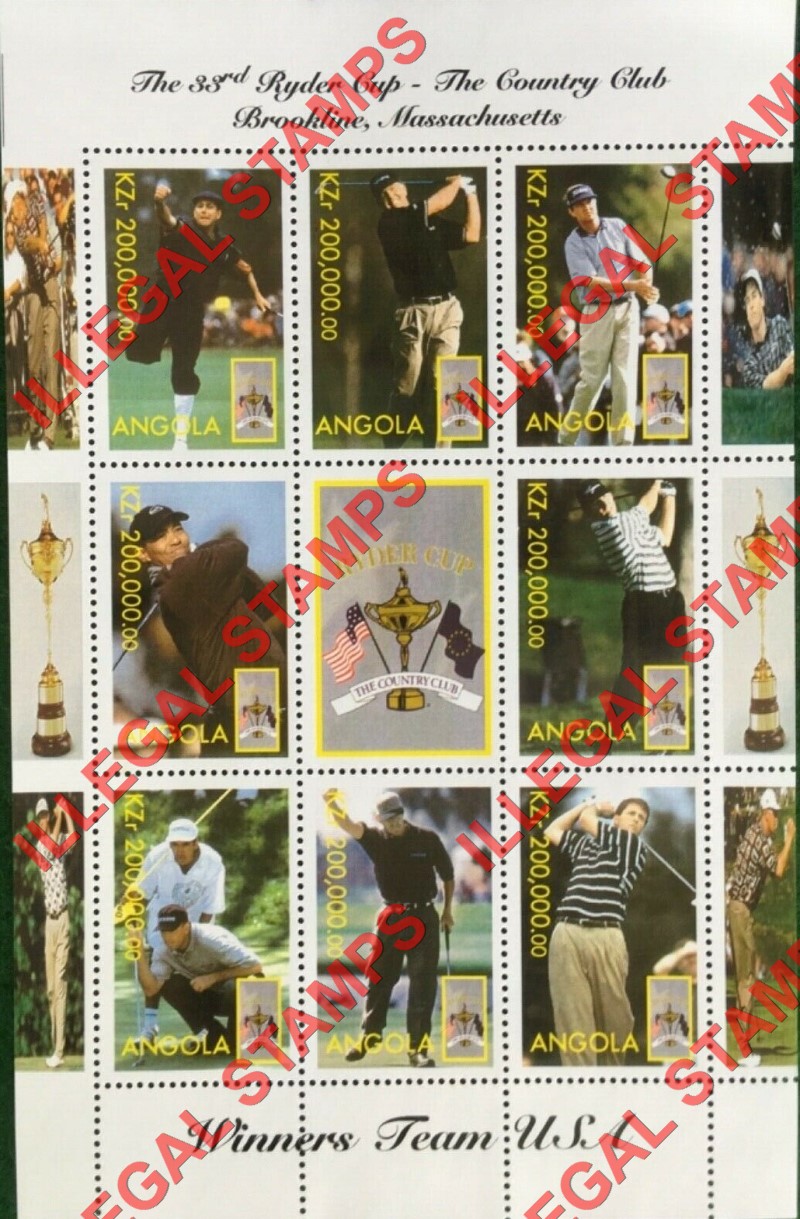 Angola 1999 Ryder Cup 33rd Golf Tournament Illegal Stamp Souvenir Sheet of 9 Angola 1999 Ryder Cup 33rd Golf Tournament Illegal Stamp Souvenir Sheet of 9