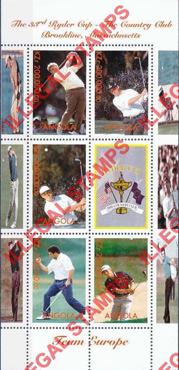 Angola 1999 Ryder Cup 33rd Golf Tournament Illegal Stamp Souvenir Sheet of 6 Angola 1999 Ryder Cup 33rd Golf Tournament Illegal Stamp Souvenir Sheet of 6