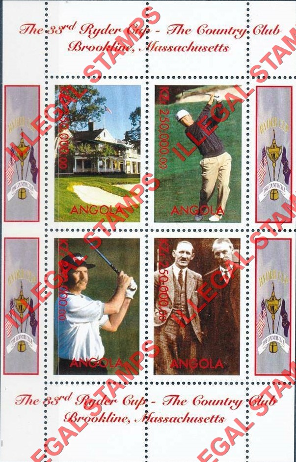 Angola 1999 Ryder Cup 33rd Golf Tournament Illegal Stamp Souvenir Sheet of 4 Angola 1999 Ryder Cup 33rd Golf Tournament Illegal Stamp Souvenir Sheet of 4
