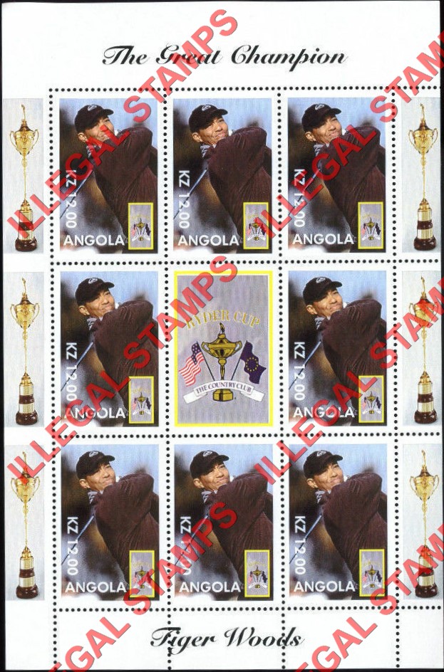 Angola 1999 Tiger Woods The Great Champion Illegal Stamp Souvenir Sheet of 8 Plus Label Angola 1999 Tiger Woods The Great Champion Illegal Stamp Souvenir Sheet of 8 Plus Label