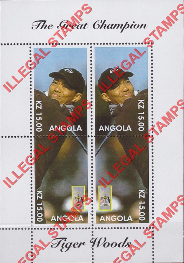 Angola 1999 Tiger Woods The Great Champion Illegal Stamp Souvenir Sheet of 4 Angola 1999 Tiger Woods The Great Champion Illegal Stamp Souvenir Sheet of 4