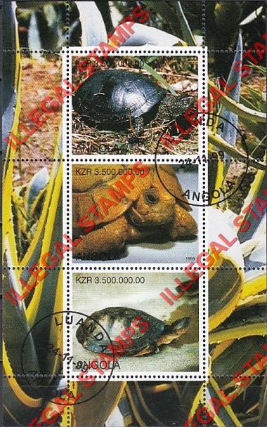 Angola 1999 Turtles Illegal Stamp Souvenir Sheet of 3 Angola 1999 Turtles Illegal Stamp Souvenir Sheet of 3