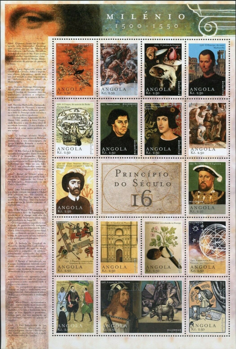Angola 2000 Millenium Genuine Souvenir Sheet of 17 Plus 1 Label Sc 1150 Angola 2000 Millenium Genuine Souvenir Sheet of 17 Plus 1 Label Sc 1150