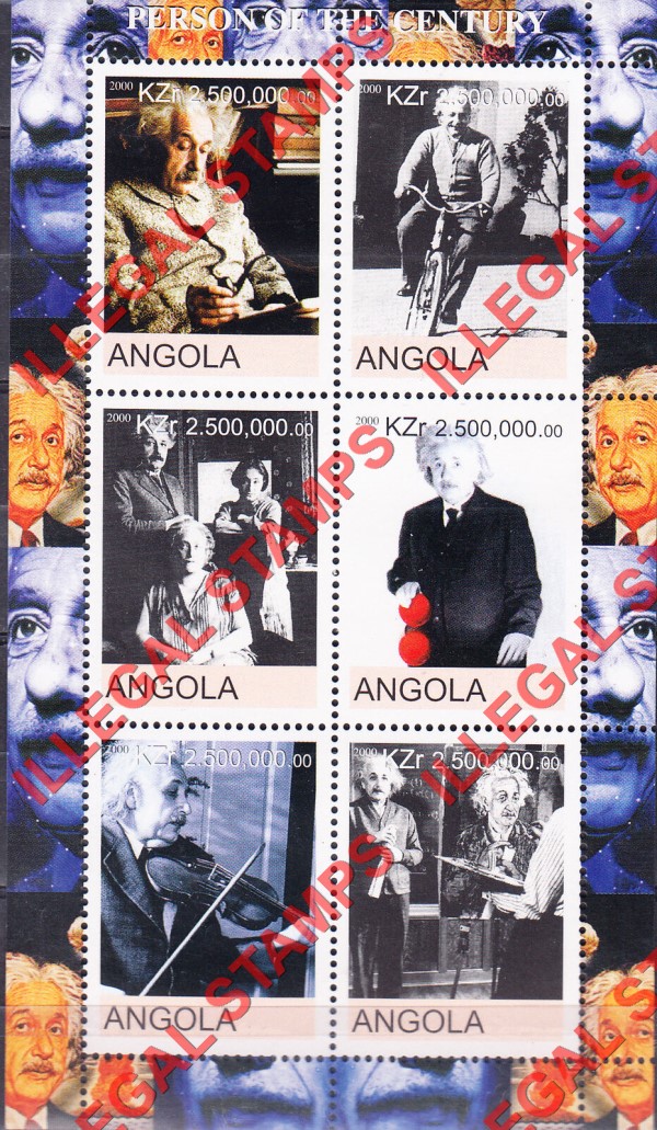 Angola 2000 Albert Einstein Person of the Century Illegal Stamp Souvenir Sheet of 6 Angola 2000 Albert Einstein Person of the Century Illegal Stamp Souvenir Sheet of 6