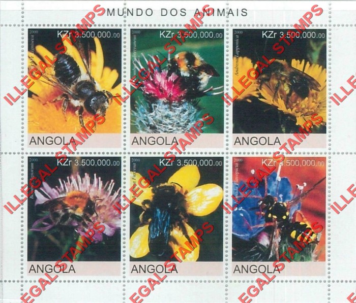 Angola 2000 Bees Illegal Stamp Souvenir Sheet of 6 Angola 2000 Bees Illegal Stamp Souvenir Sheet of 6