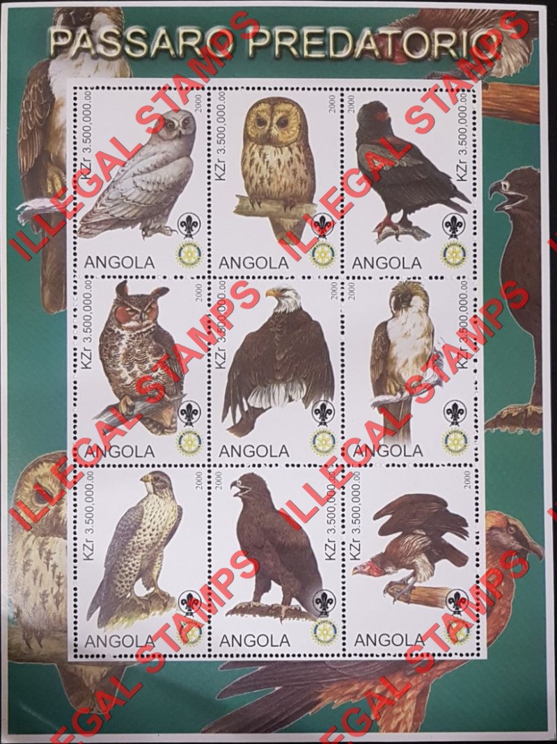 Angola 2000 Birds of Prey with Scouts Logo Illegal Stamp Souvenir Sheet of 9 Angola 2000 Birds of Prey with Scouts Logo Illegal Stamp Souvenir Sheet of 9