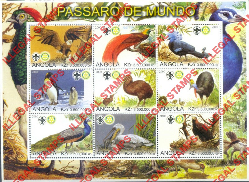 Angola 2000 Birds of the World with Scouts Logo Illegal Stamp Souvenir Sheet of 9 Angola 2000 Birds of the World with Scouts Logo Illegal Stamp Souvenir Sheet of 9
