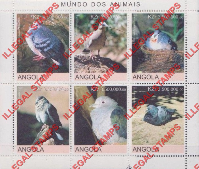 Angola 2000 Birds Illegal Stamp Souvenir Sheet of 6 Angola 2000 Birds Illegal Stamp Souvenir Sheet of 6