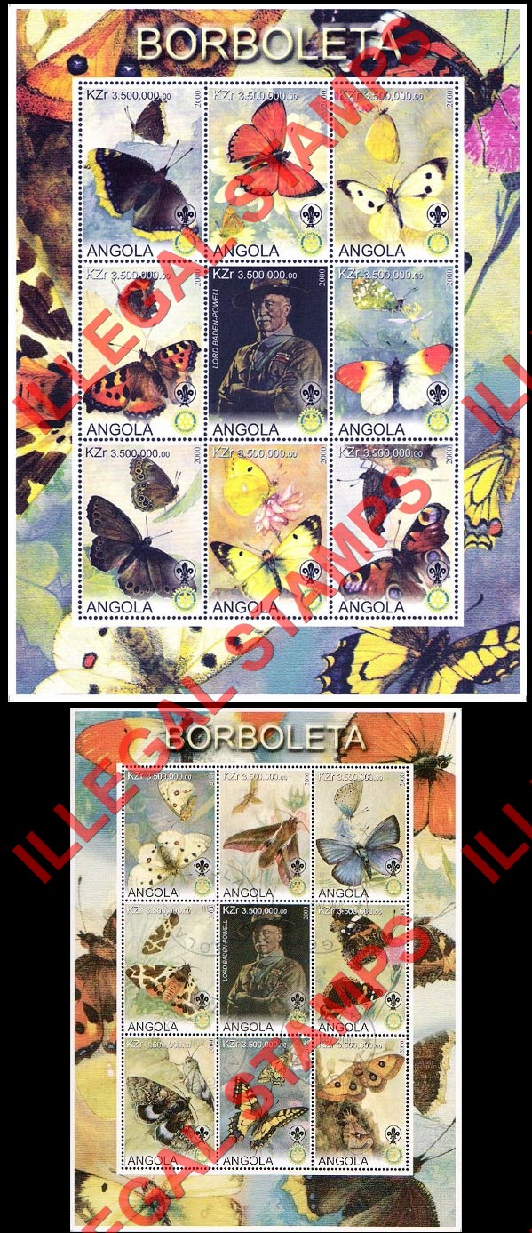 Angola 2000 Butterflies with Scouts Logo and Baden Powell Illegal Stamp Souvenir Sheets of 9 Angola 2000 Butterflies with Scouts Logo and Baden Powell Illegal Stamp Souvenir Sheets of 9