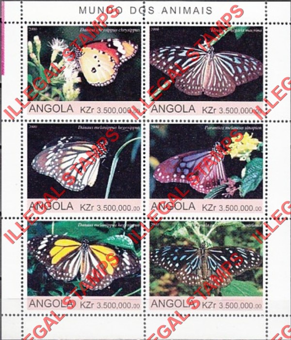 Angola 2000 Butterflies Illegal Stamp Souvenir Sheet of 6 Angola 2000 Butterflies Illegal Stamp Souvenir Sheet of 6