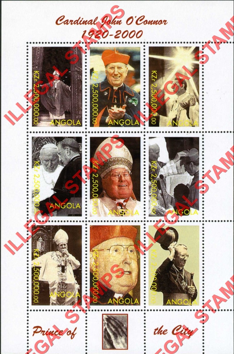 Angola 2000 Cardinal John O'Connor Illegal Stamp Souvenir Sheet of 9 Angola 2000 Cardinal John O'Connor Illegal Stamp Souvenir Sheet of 9