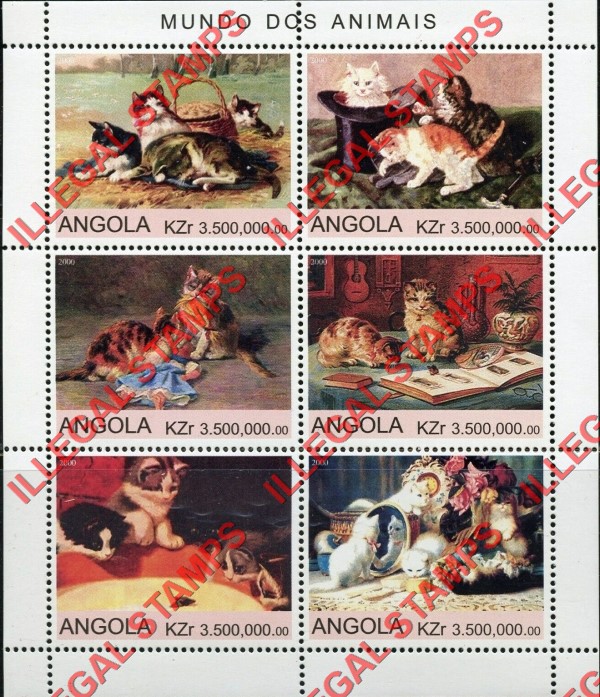 Angola 2000 Cats Illegal Stamp Souvenir Sheet of 6 Angola 2000 Cats Illegal Stamp Souvenir Sheet of 6