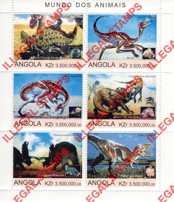 Angola 2000 Dinosaurs Illegal Stamp Souvenir Sheet of 6 Angola 2000 Dinosaurs Illegal Stamp Souvenir Sheet of 6