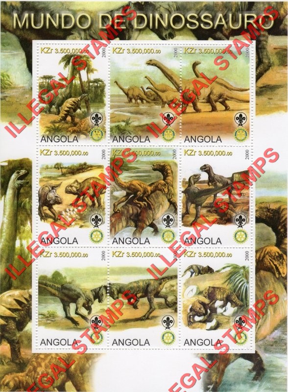 Angola 2000 Dinosaurs with Scouts Logo Illegal Stamp Souvenir Sheet of 9 Angola 2000 Dinosaurs with Scouts Logo Illegal Stamp Souvenir Sheet of 9
