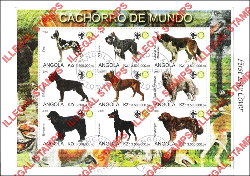 Angola 2000 Dogs of the World with Scouts Logo Illegal Stamp Souvenir Sheet of 9 on Fake First Day Cover Angola 2000 Dogs of the World with Scouts Logo Illegal Stamp Souvenir Sheet of 9 on Fake First Day Cover