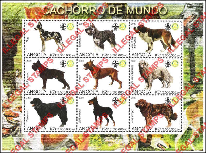 Angola 2000 Dogs of the World with Scouts Logo Illegal Stamp Souvenir Sheet of 9 Angola 2000 Dogs of the World with Scouts Logo Illegal Stamp Souvenir Sheet of 9