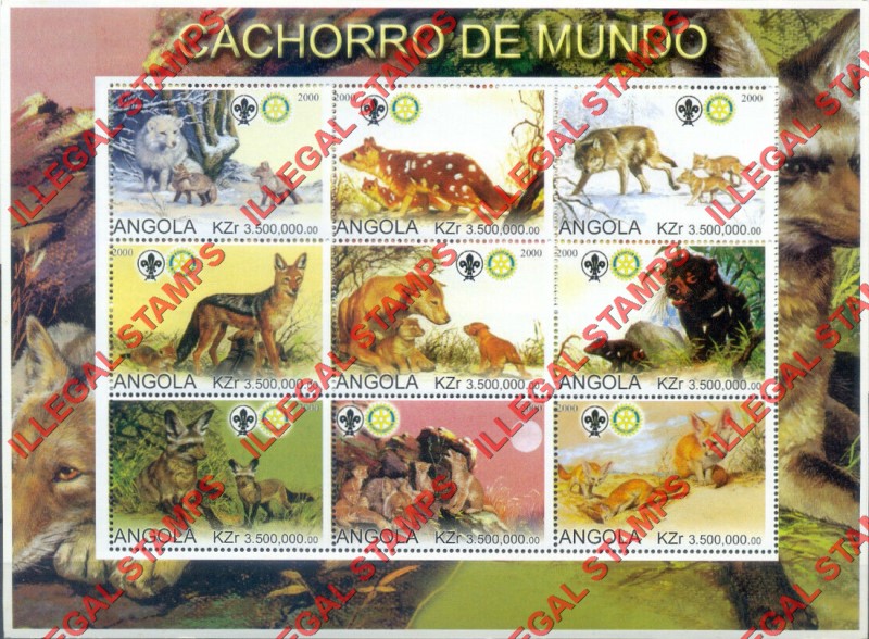 Angola 2000 Dogs of the World with Scouts Logo (Wild Dogs) Illegal Stamp Souvenir Sheet of 9 Angola 2000 Dogs of the World with Scouts Logo (Wild Dogs) Illegal Stamp Souvenir Sheet of 9