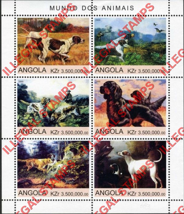 Angola 2000 Dogs Illegal Stamp Souvenir Sheet of 6 Angola 2000 Dogs Illegal Stamp Souvenir Sheet of 6