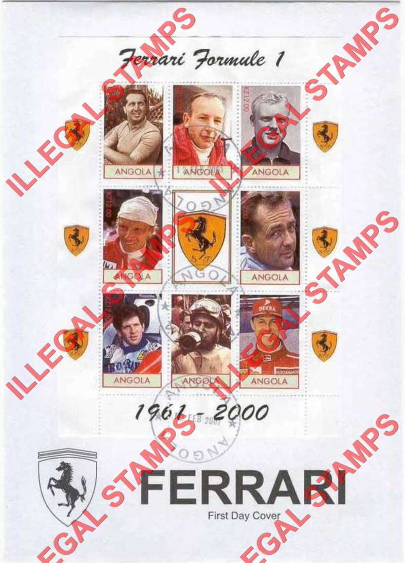 Angola 2000 Ferrari Formula I Drivers Illegal Stamp Souvenir Sheet of 9 on Fake First Day Cover Angola 2000 Ferrari Formula I Drivers Illegal Stamp Souvenir Sheet of 9 on Fake First Day Cover