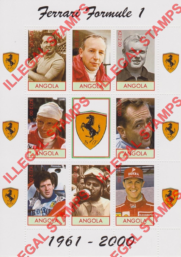 Angola 2000 Ferrari Formula I Drivers Illegal Stamp Souvenir Sheet of 9 Angola 2000 Ferrari Formula I Drivers Illegal Stamp Souvenir Sheet of 9