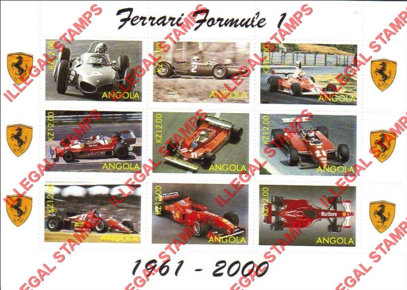 Angola 2000 Ferrari Formula I Race Cars Illegal Stamp Souvenir Sheet of 9 Angola 2000 Ferrari Formula I Race Cars Illegal Stamp Souvenir Sheet of 9
