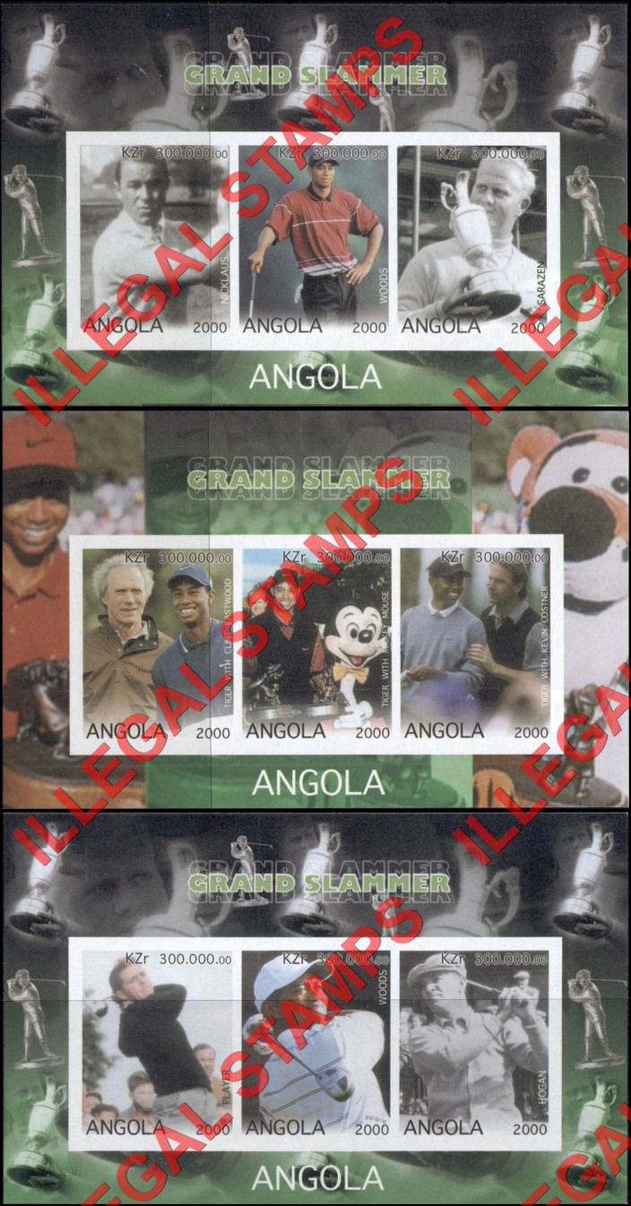 Angola 2000 Golf Grand Slammer Illegal Stamp Souvenir Sheets of 3 Angola 2000 Golf Grand Slammer Illegal Stamp Souvenir Sheets of 3
