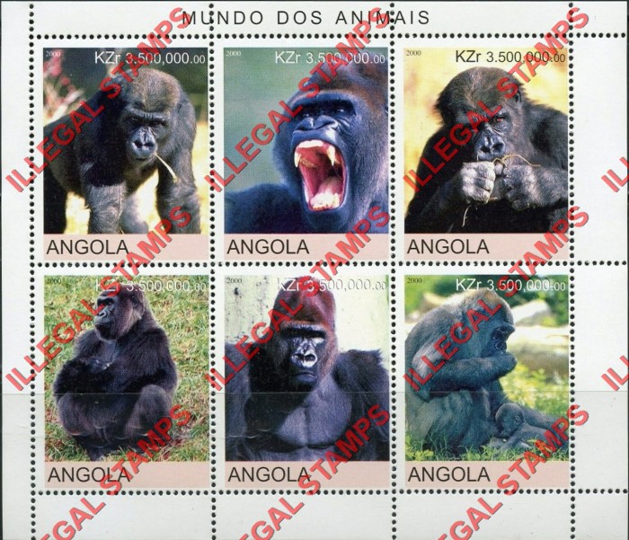 Angola 2000 Gorillas Illegal Stamp Souvenir Sheet of 6 Angola 2000 Gorillas Illegal Stamp Souvenir Sheet of 6