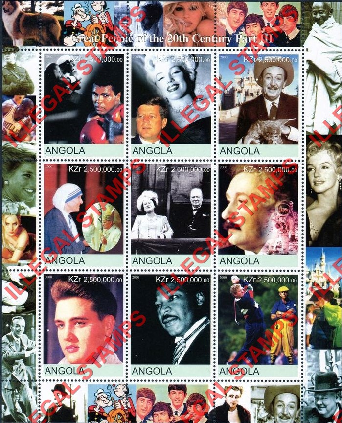 Angola 2000 Great People of the 20th Century Illegal Stamp Souvenir Sheet of 9 Angola 2000 Great People of the 20th Century Illegal Stamp Souvenir Sheet of 9