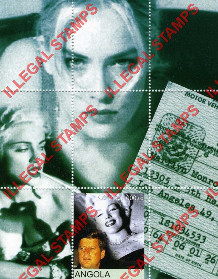 Angola 2000 John F. Kennedy and Marilyn Monroe Illegal Stamp Souvenir Sheet of 1 Angola 2000 John F. Kennedy and Marilyn Monroe Illegal Stamp Souvenir Sheet of 1