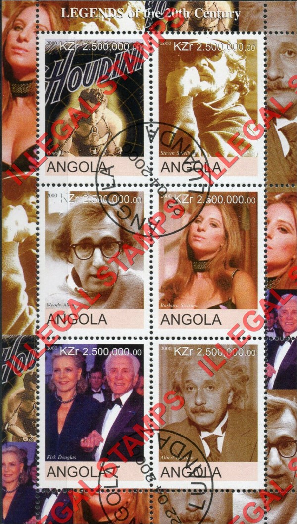 Angola 2000 Legends of the 20th Century Illegal Stamp Souvenir Sheet of 6 Angola 2000 Legends of the 20th Century Illegal Stamp Souvenir Sheet of 6