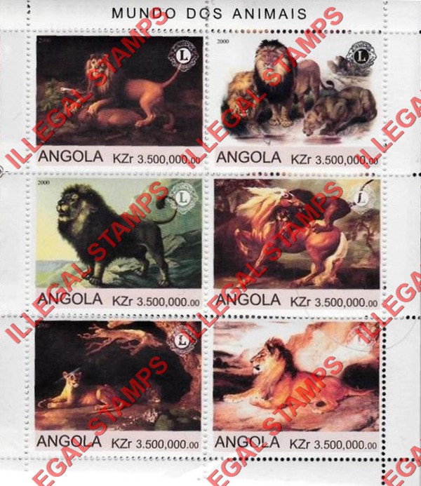 Angola 2000 Lions Illegal Stamp Souvenir Sheet of 6 Angola 2000 Lions Illegal Stamp Souvenir Sheet of 6